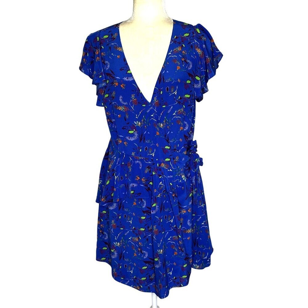 Tanya Taylor Blue Silk Wrap Dress Ruffle Hem Wedding guest Sz 8